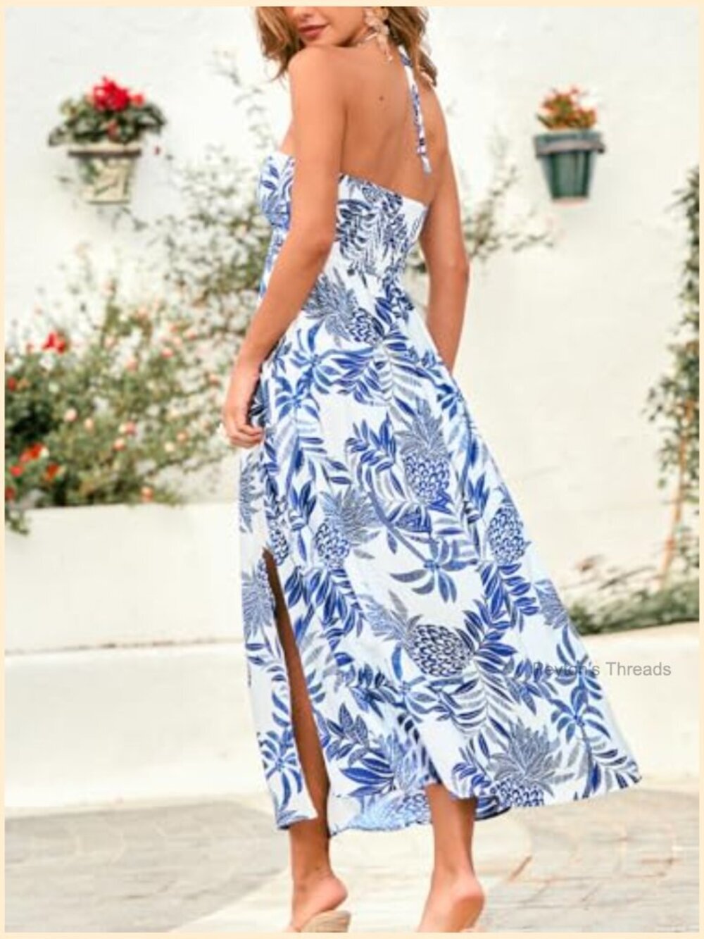 Halter Backless Sweetheart Midi Dress with Side Slit - Casual Beach Vacation - Picture 2 of 7